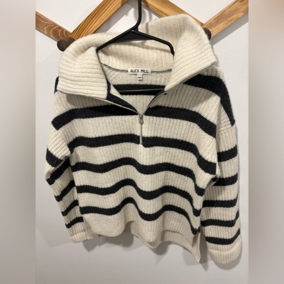 ALEX MILL 100% Marino wool -Felix striped merino wool half-zip sweater - Picture 2 of 9